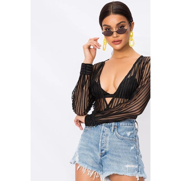 NWOT | Superdown Dila Sheer Striped Black Blouse Bodysuit, Size Small - Picture 13 of 13